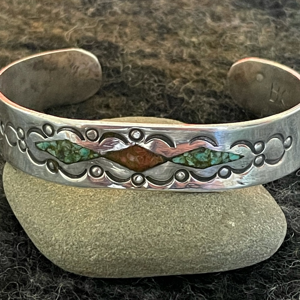 Native American Bessie Castillo Sterling Turquoise Inlay Heavy Cuff Bracelet 19g